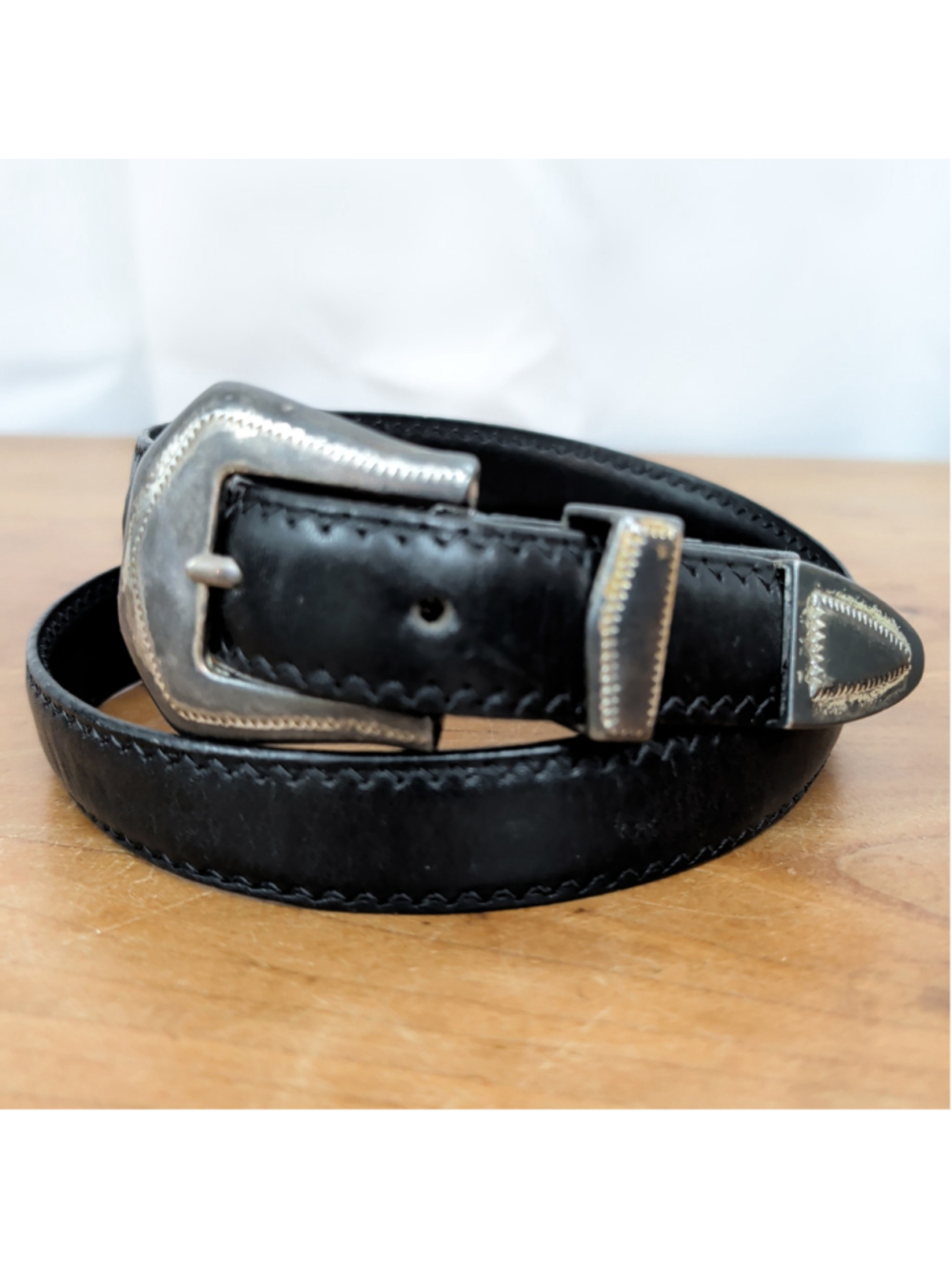 Vintage Onyx Hardware Patina Black Leather Western Belt 30